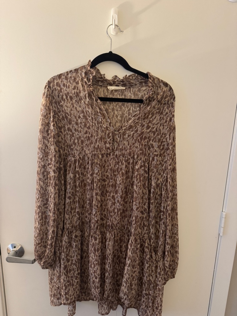 By Together Brown and Cream Printed Ruffle-Neck Dress
